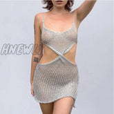 Hnewly Hollow Out Knitted Dress Women Spaghetti Strap Sleeveless Cut See Through Y2K Summer Club